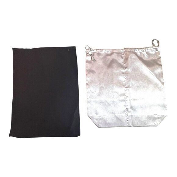 Set Of 2 Drawstring Storage Dust Bags Designer Logo Design Black & Silver Satin - Picture 3 of 7